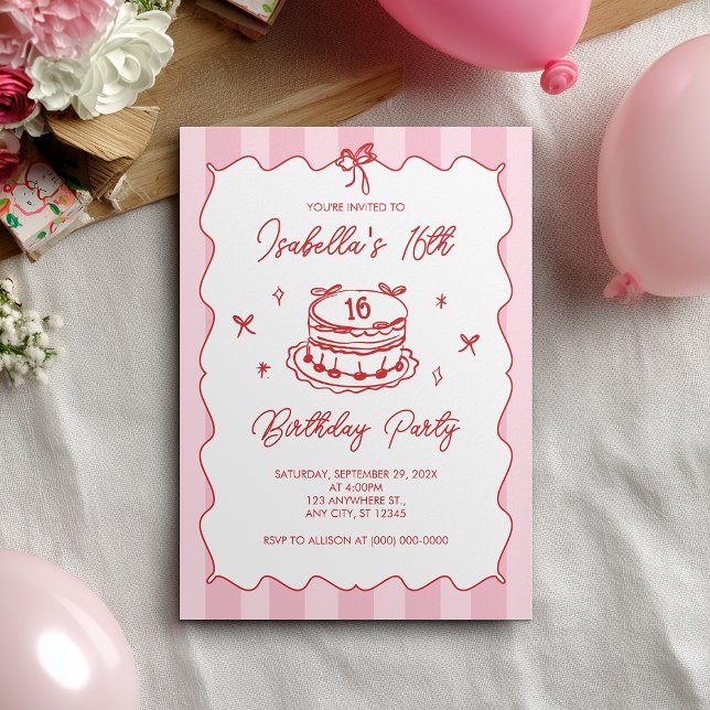 Pink Coquette Striped Vintage Bow 16th Birthday Invitation (Creator Uploaded)