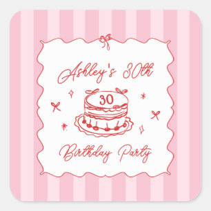 Pink Coquette Striped Vintage Hand Drawn Birthday Square Sticker