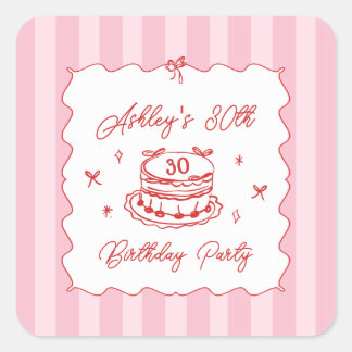 Pink Coquette Striped Vintage Hand Drawn Birthday Square Sticker