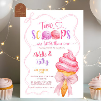 Pink Coquette Summer Ice Cream Twins Birthday Invitation