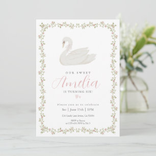 Pink Coquette Swan Floral Girl Birthday Invitation