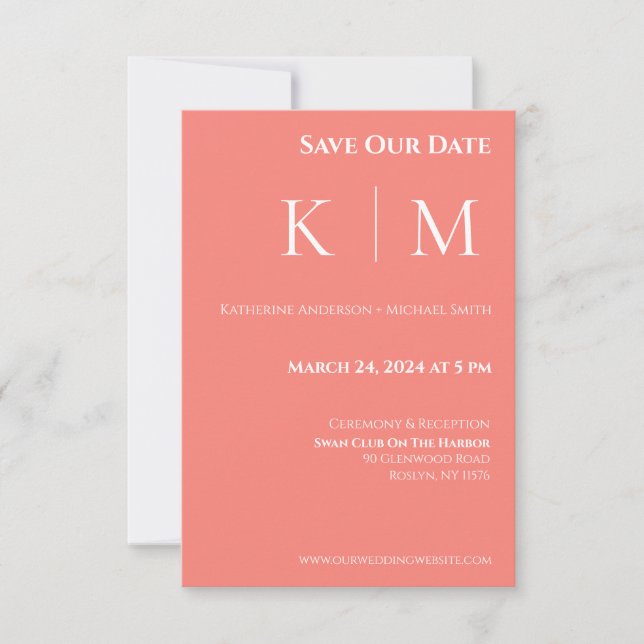 Pink Coral and White-Monogram-Wedding- Save The Date (Front)