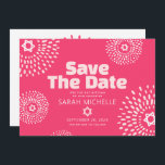 Pink Coral Bat Mitzvah Bold Starburst Cool Modern Save The Date<br><div class="desc">Make sure all your friends and relatives will be able to celebrate your daughter’s milestone Bat Mitzvah! Send out this fun, boho retro, personalised “Save the Date” announcement card. Retro white and blush pink flower starbursts with Stars of David, as well as bold modern blush pink and white sans serif...</div>