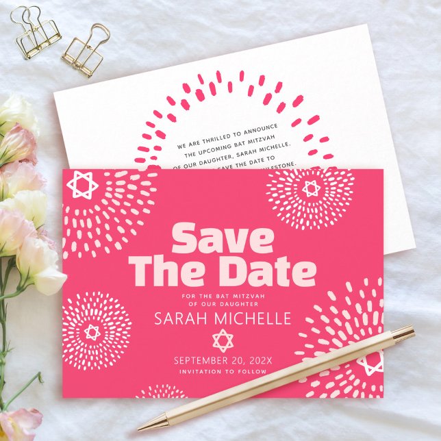 Pink Coral Bat Mitzvah Bold Starburst Cool Modern Save The Date (Creator Uploaded)