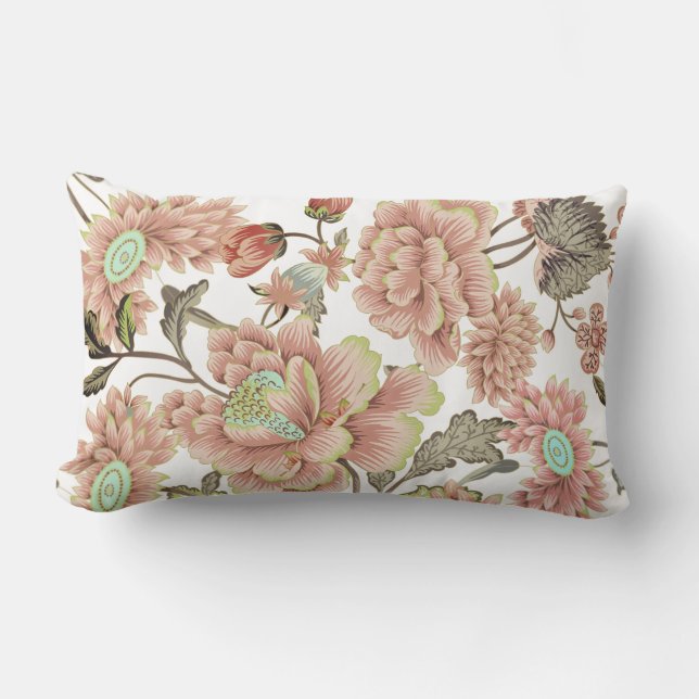 Pink Coral, Blue Flowers on White  Background    Lumbar Cushion (Front)
