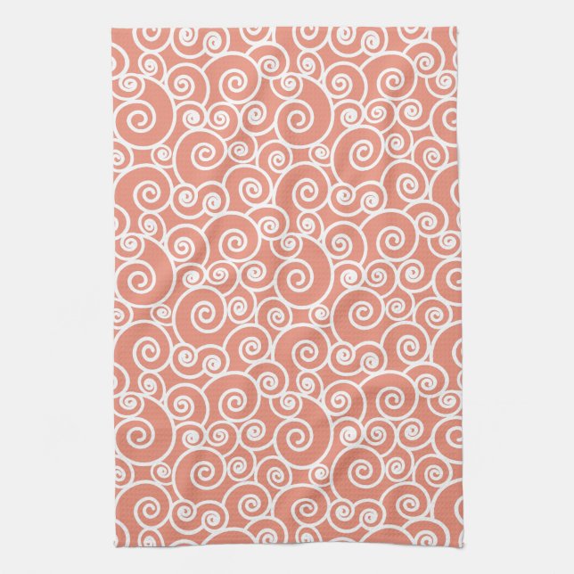 Pink Coral Blush Abstract Swirly Seashell Pattern Tea Towel (Vertical)