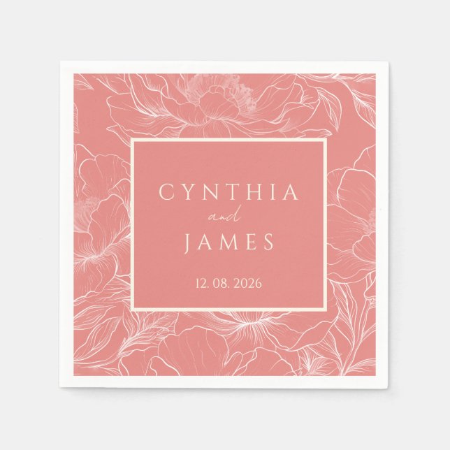 Pink Coral Botanical Minimalist Wedding  Napkin (Front)