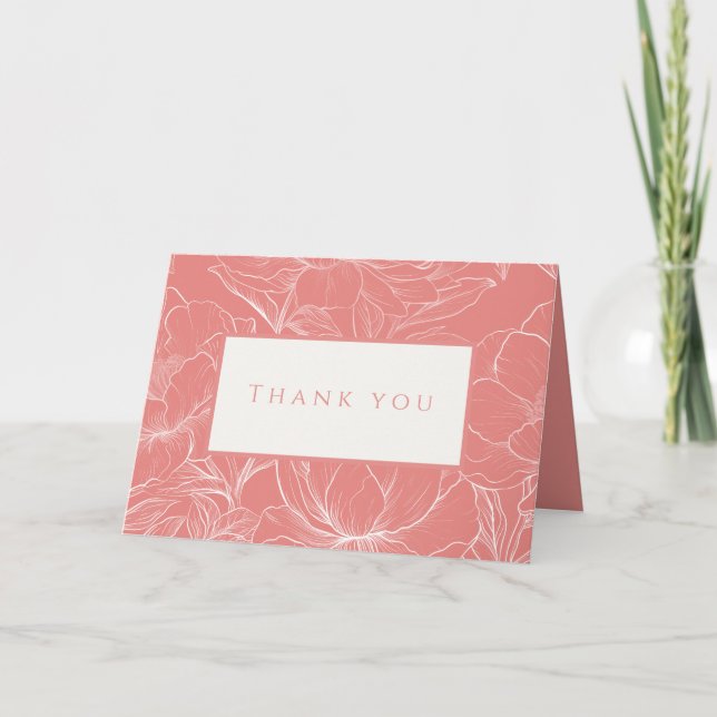 Pink Coral Botanical Minimalist Wedding  Thank You Card (Front)