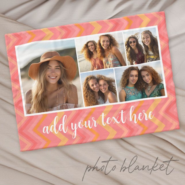 Pink Coral Chevrons Mod Text Photo Collage Fleece Blanket (Custom Fleece Photo Blanket)