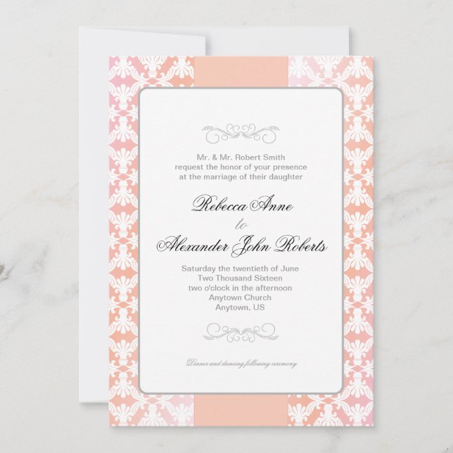 Pink & Coral Damask Simple Wedding Invitation (Front)