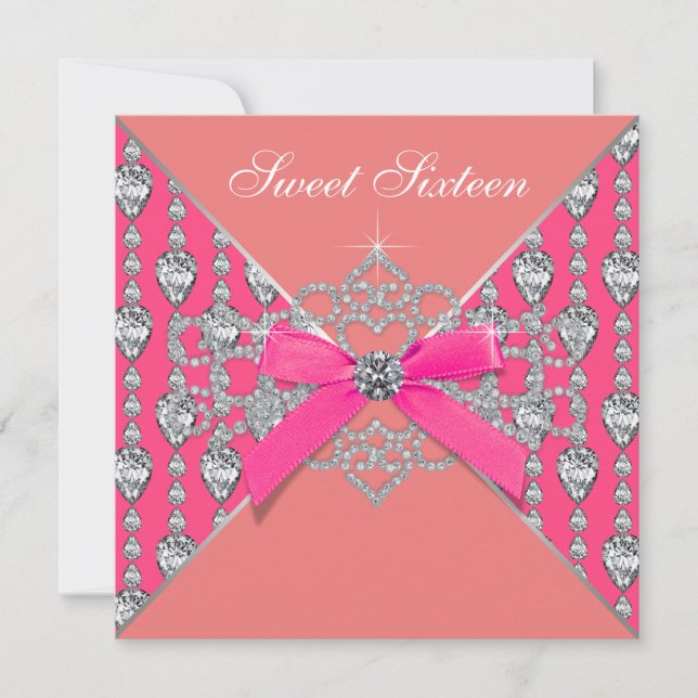 Pink Coral Diamonds Coral Sweet 16 Birthday Party Invitation (Front)