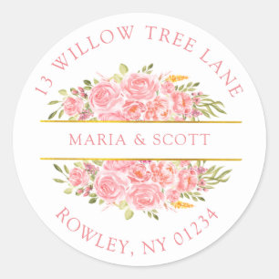 Pink Coral Floral and Gold Return Address  Classic Round Sticker
