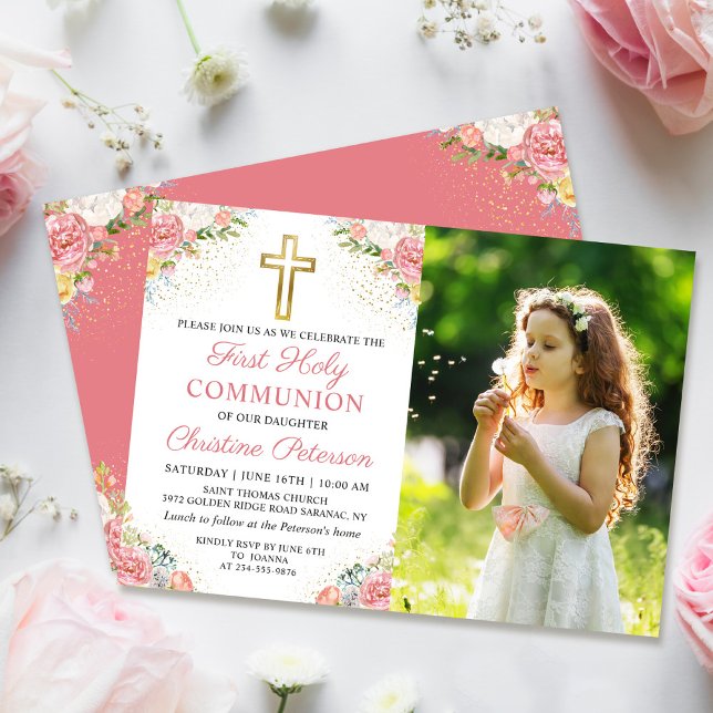 Pink Coral Floral First Holy Communion Photo Invitation (Creator Uploaded)