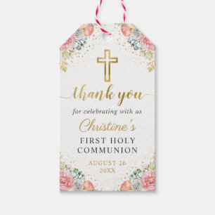 Pink Coral Floral First Holy Communion Thank You Gift Tags