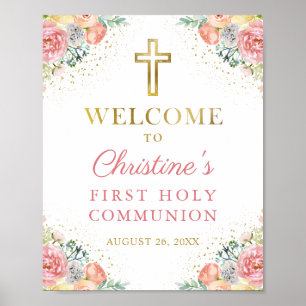 Pink Coral Floral First Holy Communion Welcome Poster