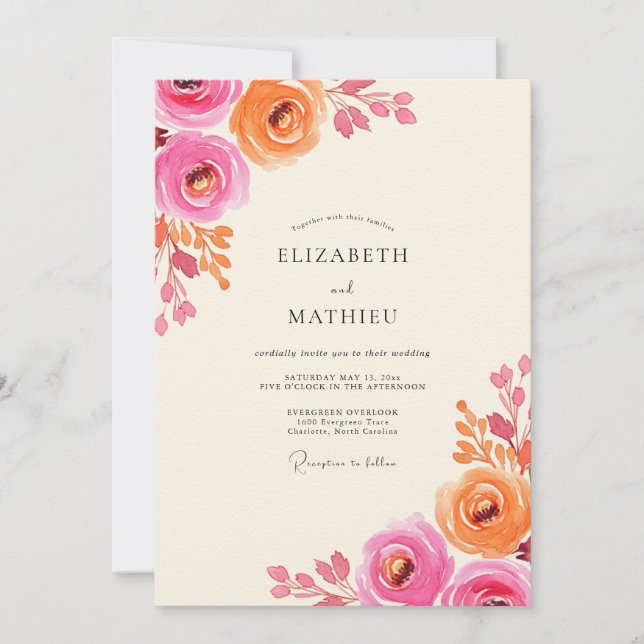 Pink Coral Floral Flourish Wedding Invitation (Front)