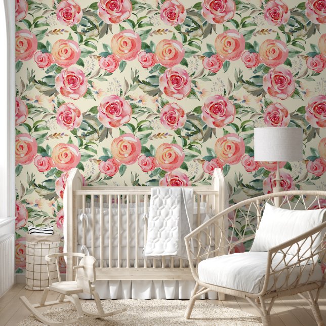 Pink Coral Floral Roses Victorian Bouquet Greenery Wallpaper (Kids)