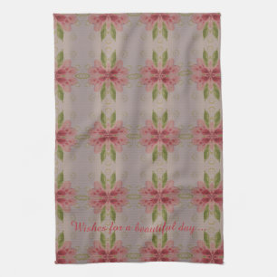 Pink coral floral watercolor with accents of grey tea towel