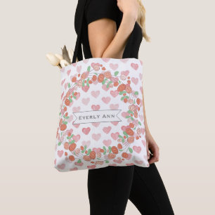 Pink Coral Floral Wreath Watercolor Heart Pattern Tote Bag