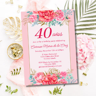 Pink Coral Florals Spanish 40th Birthday Party Invitation