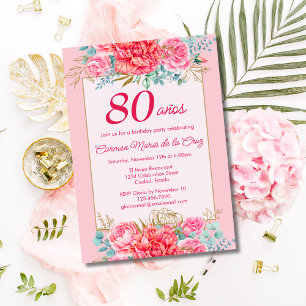 Pink Coral Florals Spanish 80th Birthday Party Invitation