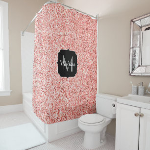 Pink coral light pastel sparkles bling Monogram Shower Curtain