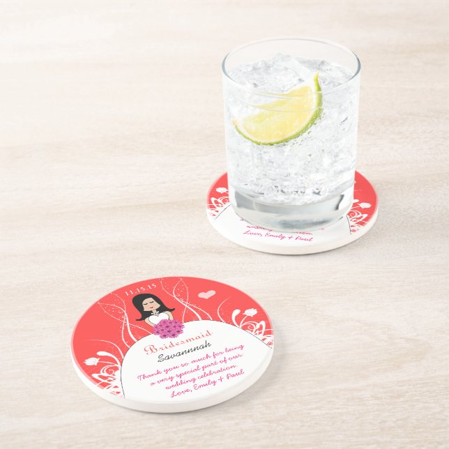 Pink Coral Long Black Hair Bridesmaid Gown Coaster (Side)