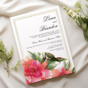 Pink coral mint white gold glitter floral wedding invitation