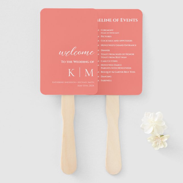 Pink Coral-Modern- Monogram-Wedding Program- Hand Fan (Front and Back)