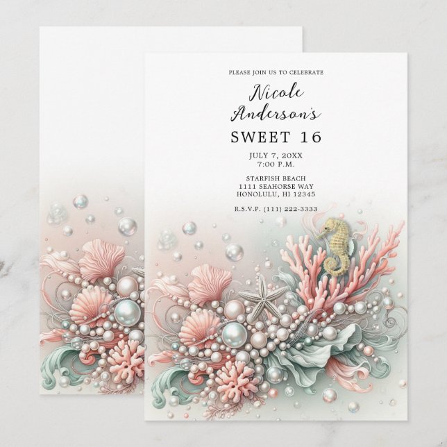 Pink Coral & Pearls Under the Sea Sweet 16 Invitation (Front/Back)