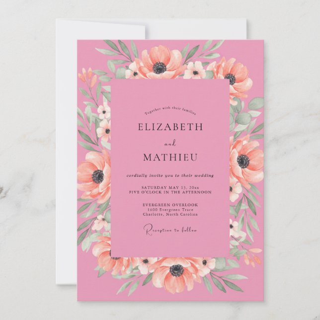 Pink Coral Poppy Wedding Invitation (Front)