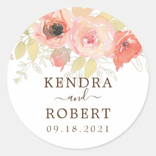 Pink Coral Rose and Gold Leaves Floral Wedding Classic Round Sticker