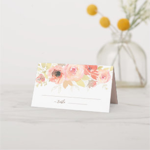 Pink Coral Rose and Gold Leaves Floral Wedding Place Card