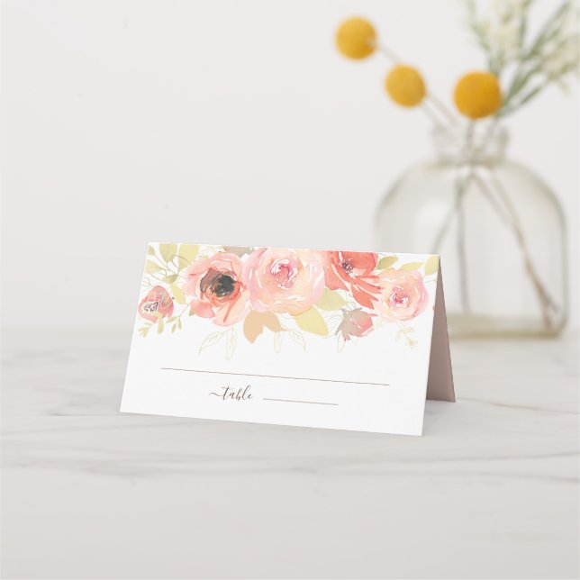 Pink Coral Rose and Gold Leaves Floral Wedding  Place Card (Front)