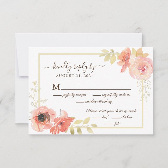 Pink Coral Rose and Gold Leaves Floral Wedding RSVP Card (Front)