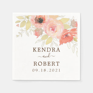 Pink Coral Rose Gold Leaves Floral Wedding Shower Napkin