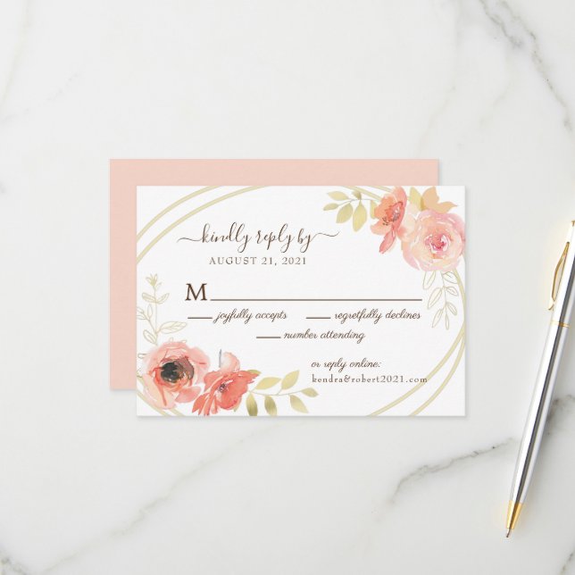 Pink Coral Rose & Gold Ovals Reply Online Wedding RSVP Card (Front/Back In Situ)