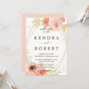 Pink Coral Roses & Gold Ovals Wedding Invitation