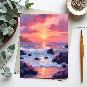 Pink Coral Sunset   Ocean Waves Watercolor Postcard