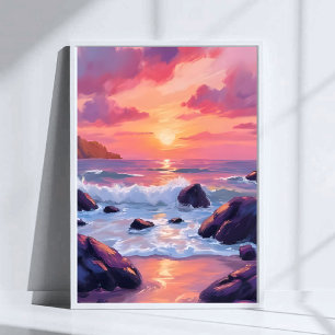 Pink Coral Sunset Ocean Waves Watercolor Poster