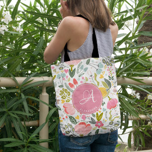 Pink Coral Watercolor Floral Pattern Monogram Name Tote Bag