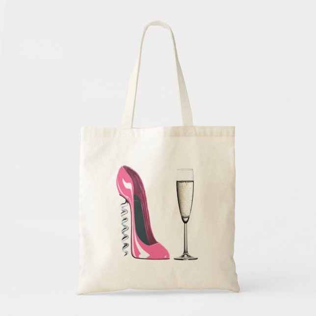 Pink Corkscrew Stiletto Shoe and Champagne Glass Tote Bag (Front)