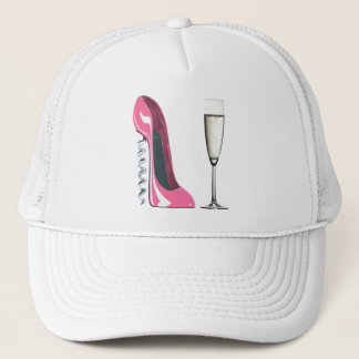 Pink Corkscrew Stiletto Shoe and Champagne Glass Trucker Hat