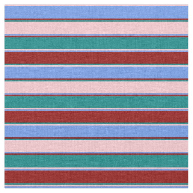 Pink, Cornflower Blue, Dark Red & Teal Stripes Fabric (Close Up)