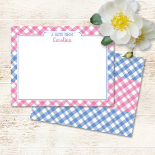 Pink & Cornflower Blue Preppy Gingham Stationery Card