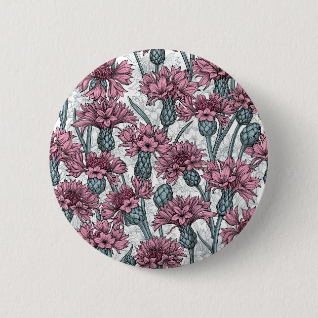 Pink cornflowers, wild flowers on white 6 cm round badge (Front)