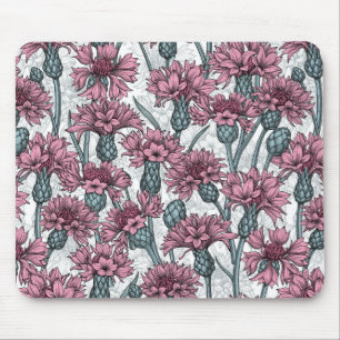 Pink cornflowers, wild flowers on white mouse pad