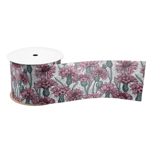 Pink cornflowers, wild flowers on white satin ribbon (Spool)