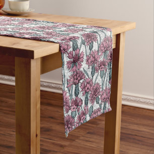 Pink cornflowers, wild flowers on white short table runner