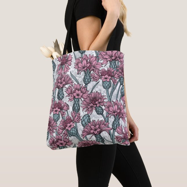 Pink cornflowers, wild flowers on white tote bag (Close Up)